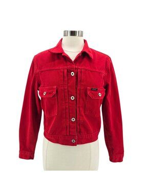 Vintage Guess Jeans Womens Medium Jacket Denim Red Cropped Pockets 1990s Retro
